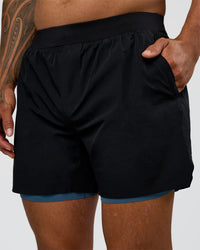 Man wearing Hybrid Lined 5" Short - Black-Indigo | Model:Daarian | Size:M | Thumbnail Index: 4