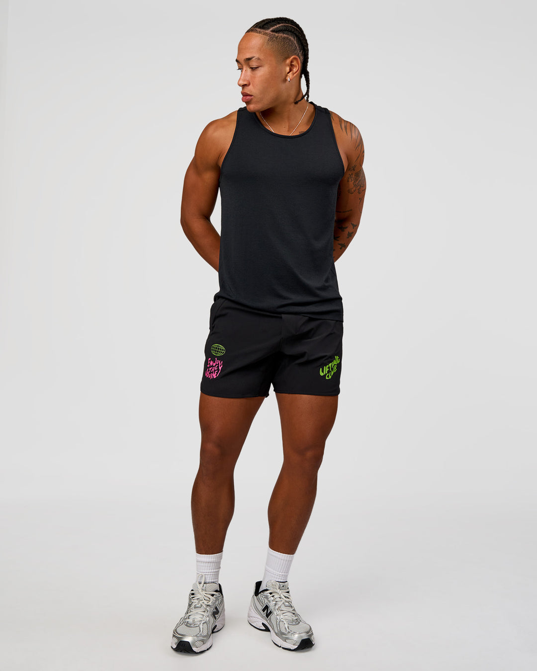 Man wearing Lift 6" Short - Black-Sugar Plum Lime | Model:Malebo | Size:M - view 3