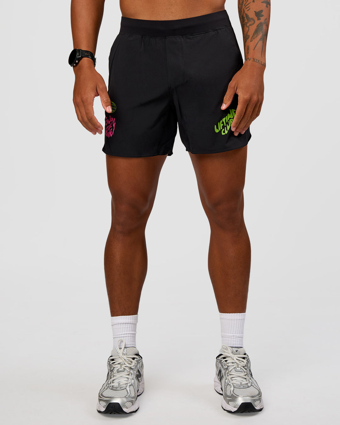 Man wearing Lift 6" Short - Black-Sugar Plum Lime | Model:Malebo | Size:M - view 6
