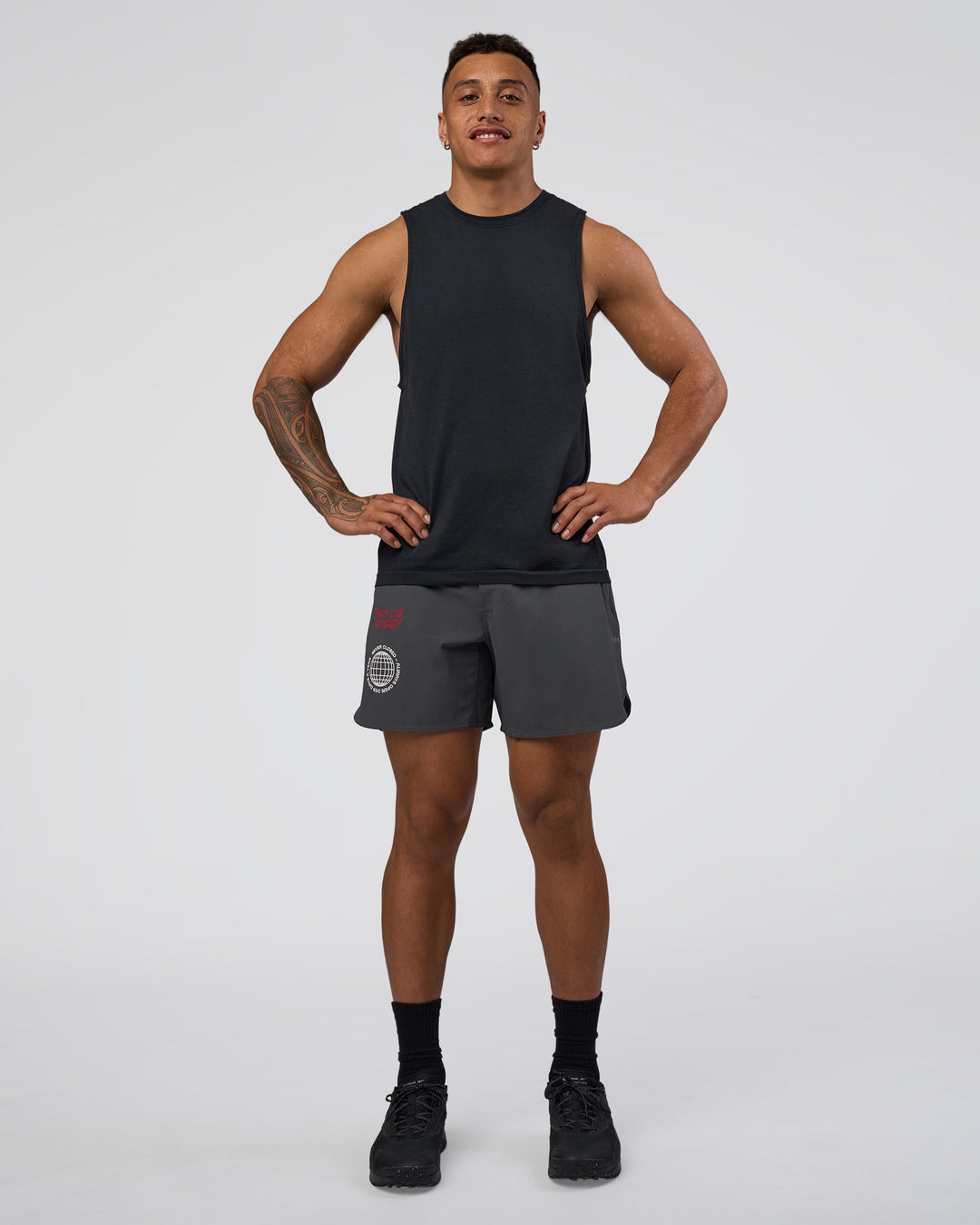 Man wearing Lift 6" Short - Dark Storm-Scarlet | Model:Daarian | Size:M - view 7