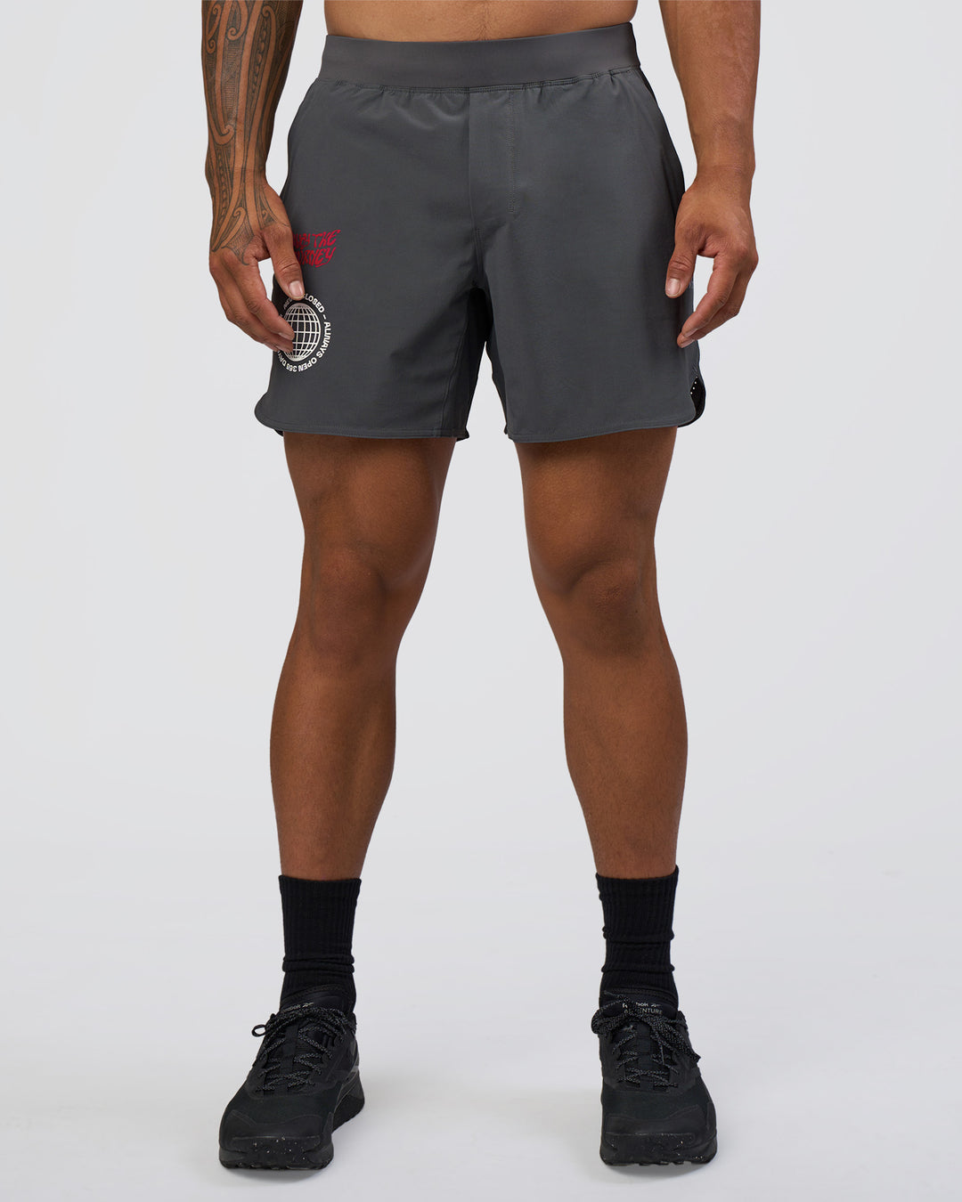 Man wearing Lift 6" Short - Dark Storm-Scarlet | Model:Daarian | Size:M - view 2