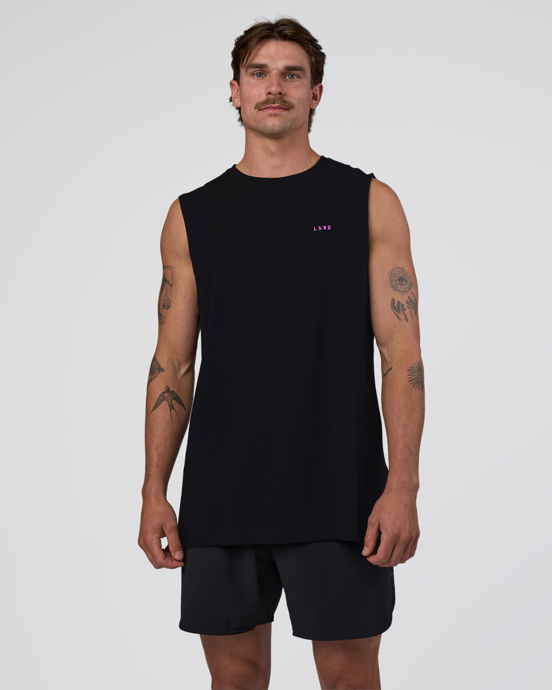 Man wearing Lifting Club FLXCotton Tank - Black-Ultra Fuchsia | Model:Konnor | Size:M - view 5