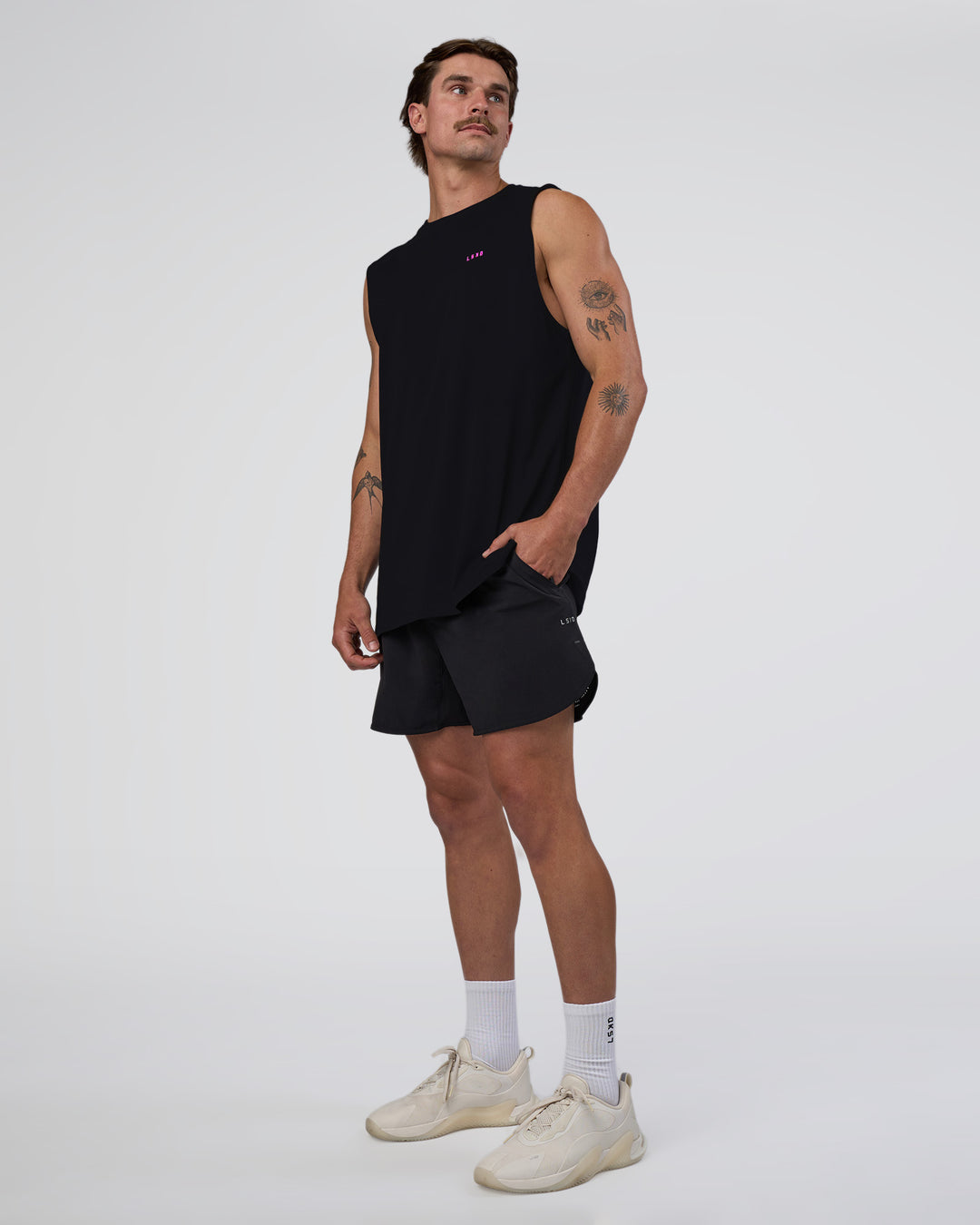 Man wearing Lifting Club FLXCotton Tank - Black-Ultra Fuchsia | Model:Konnor | Size:M - view 4