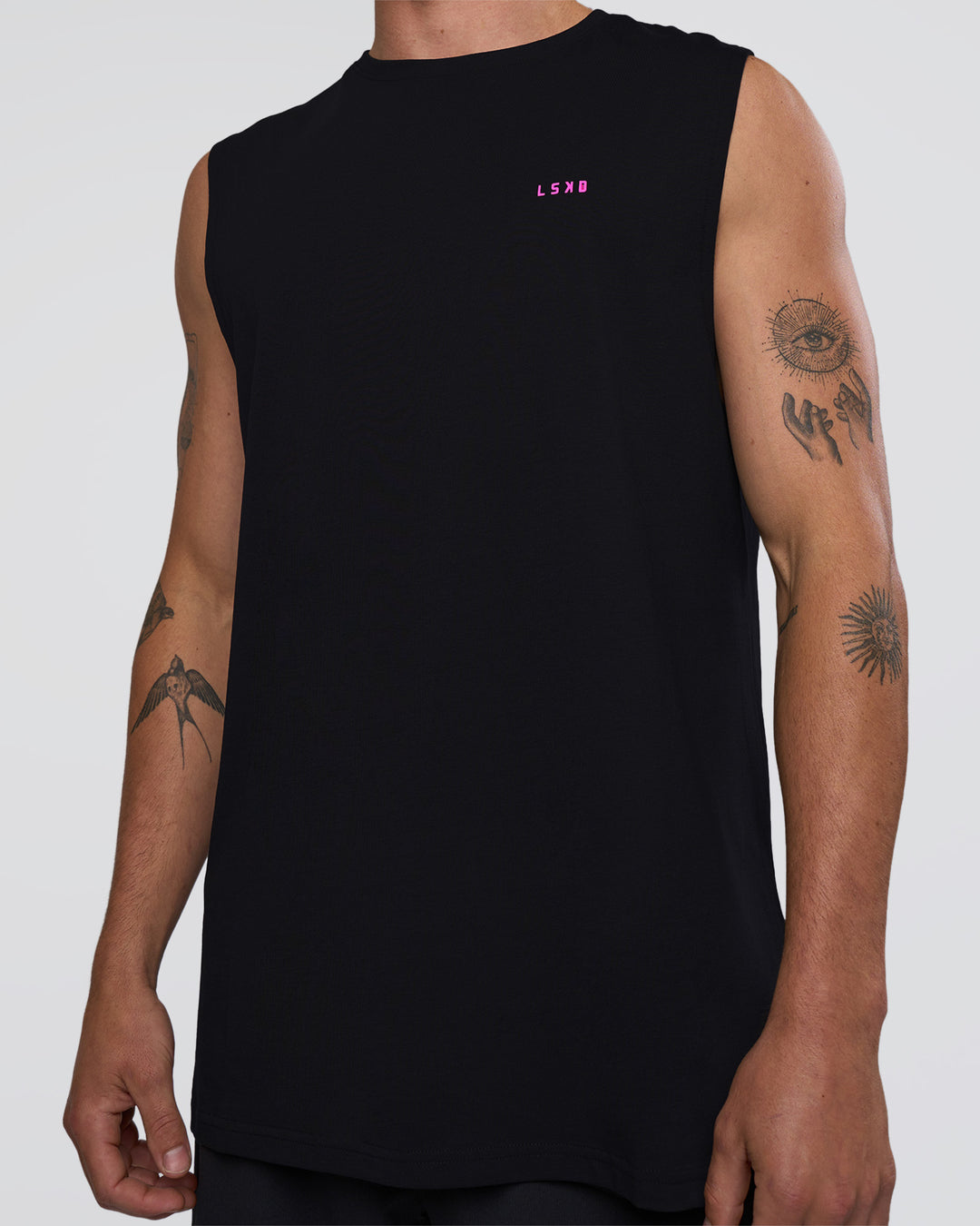 Man wearing Lifting Club FLXCotton Tank - Black-Ultra Fuchsia | Model:Konnor | Size:M - view 3