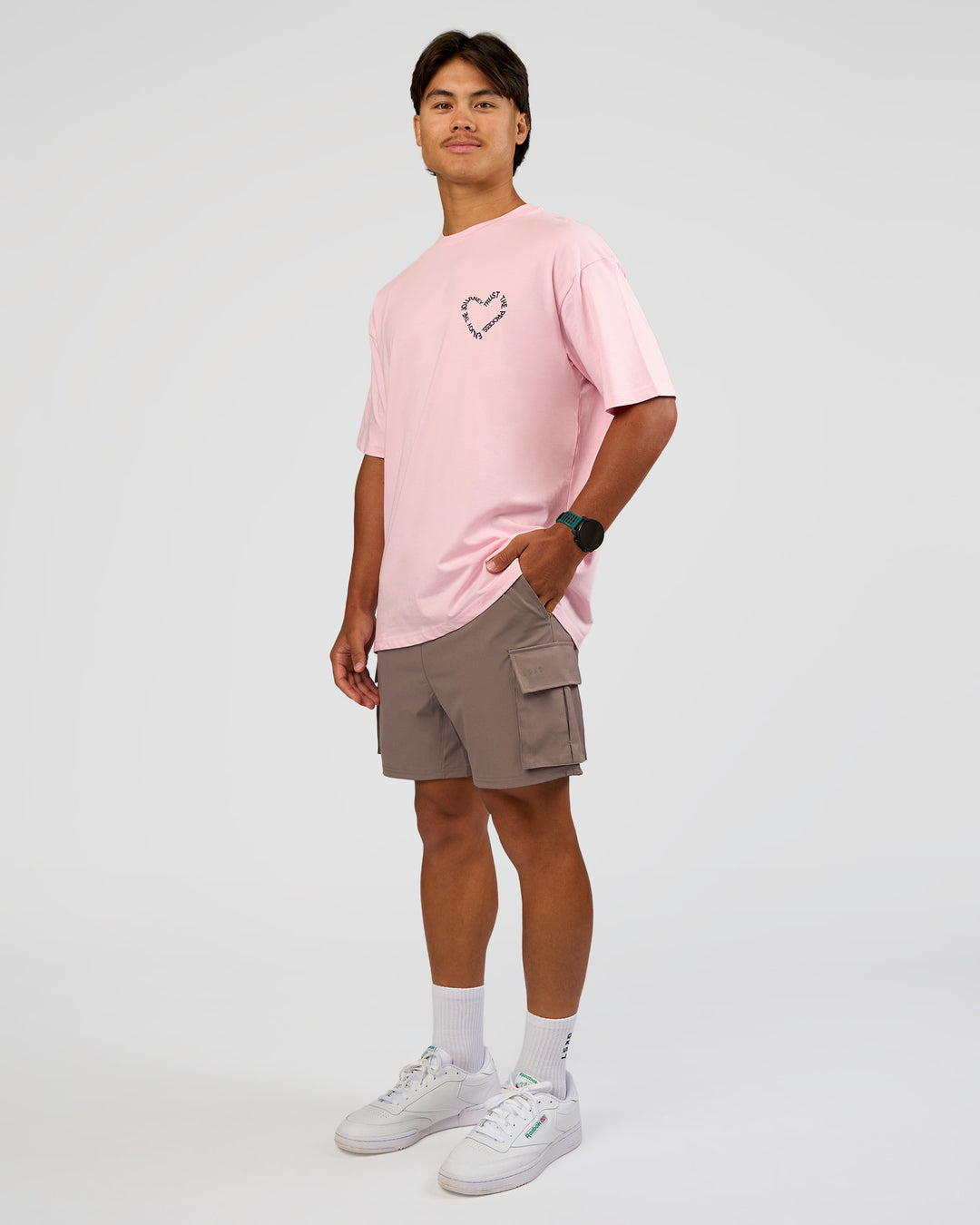 Man wearing Love The Process FLXCotton Oversize Tee - Marshmallow-Midnight Plum | Model:George | Size:M - view 6