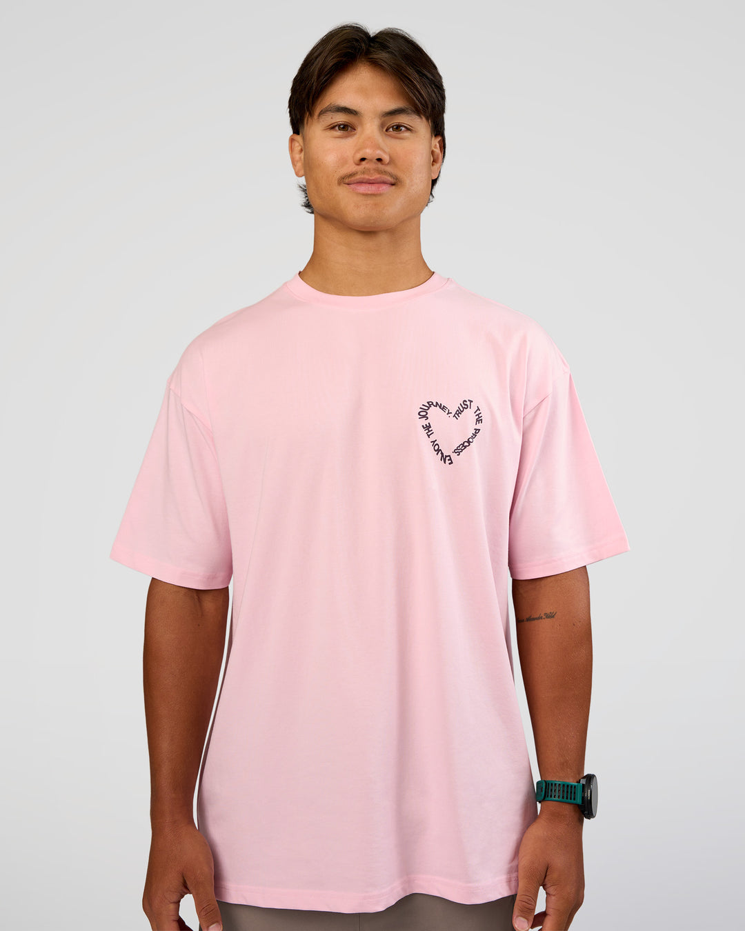 Man wearing Love The Process FLXCotton Oversize Tee - Marshmallow-Midnight Plum | Model:George | Size:M - view 3