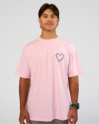 Man wearing Love The Process FLXCotton Oversize Tee - Marshmallow-Midnight Plum | Model:George | Size:M | Thumbnail Index: 2