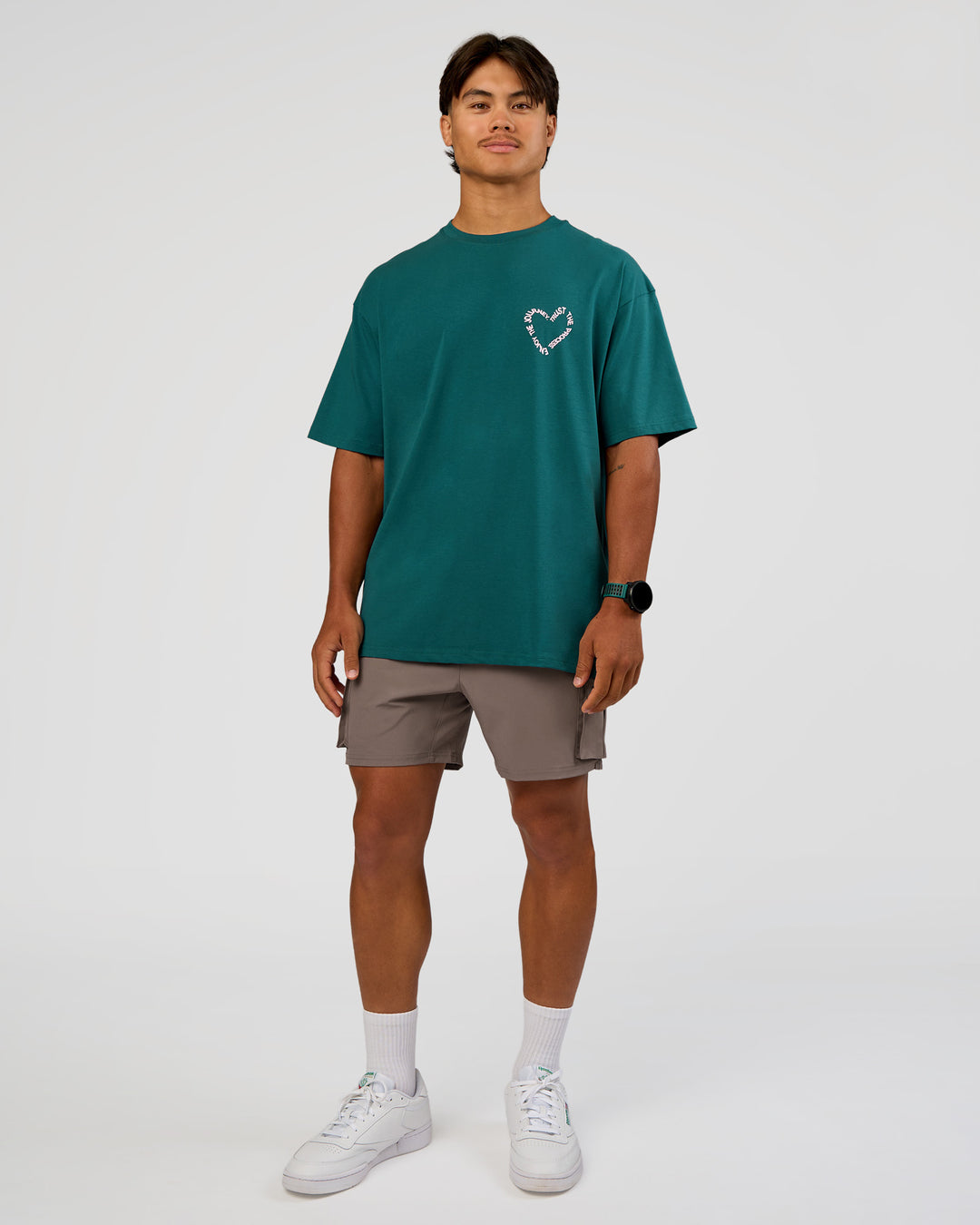 Man wearing Love The Process FLXCotton Oversize Tee - Transformative Teal-Marshmallow | Model:George | Size:M - view 8