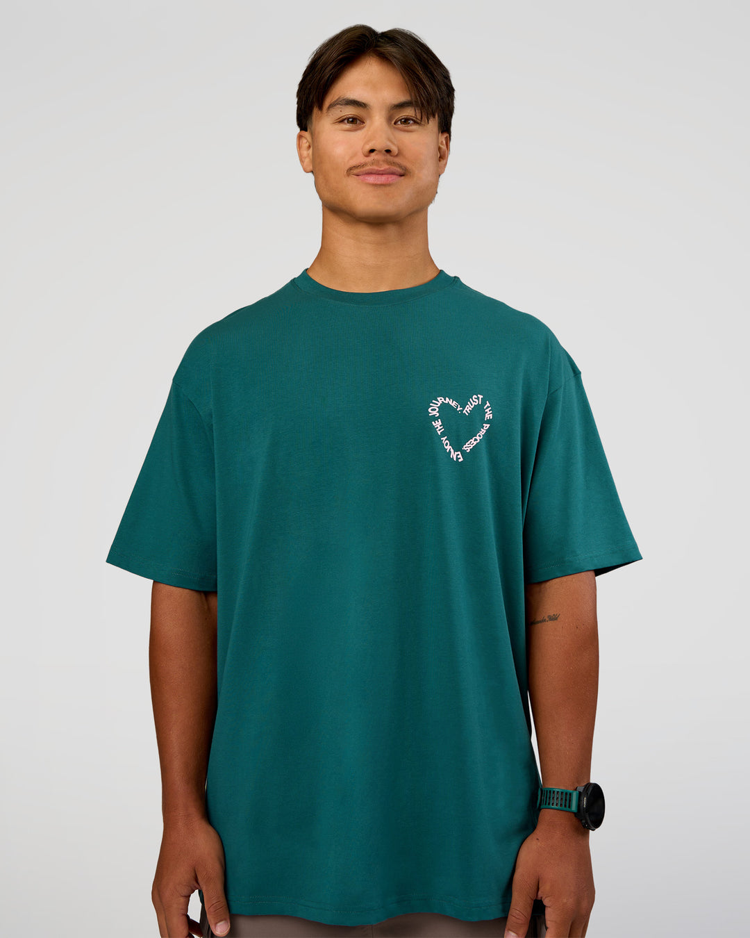 Man wearing Love The Process FLXCotton Oversize Tee - Transformative Teal-Marshmallow | Model:George | Size:M - view 3