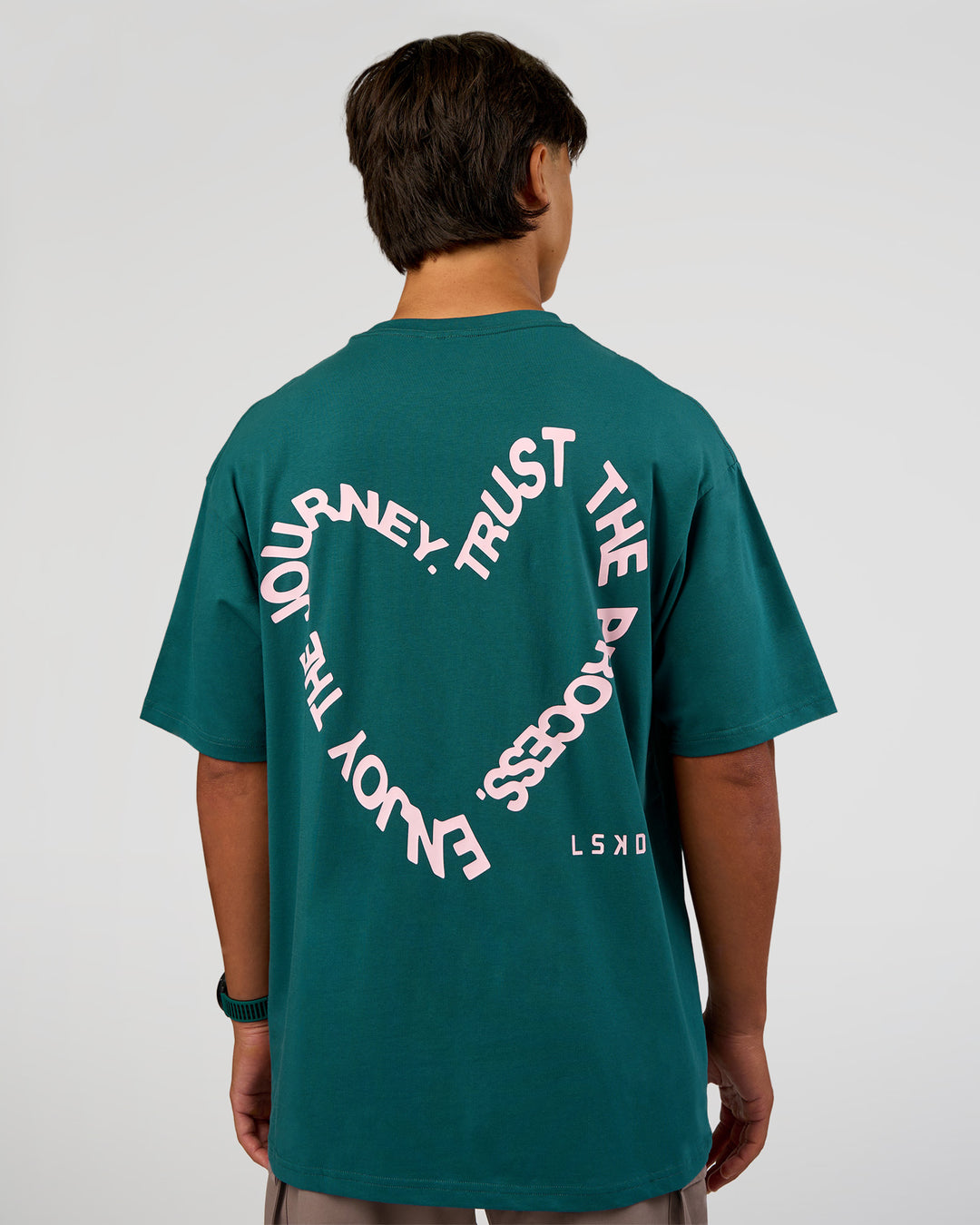 Man wearing Love The Process FLXCotton Oversize Tee - Transformative Teal-Marshmallow | Model:George | Size:M - view 2