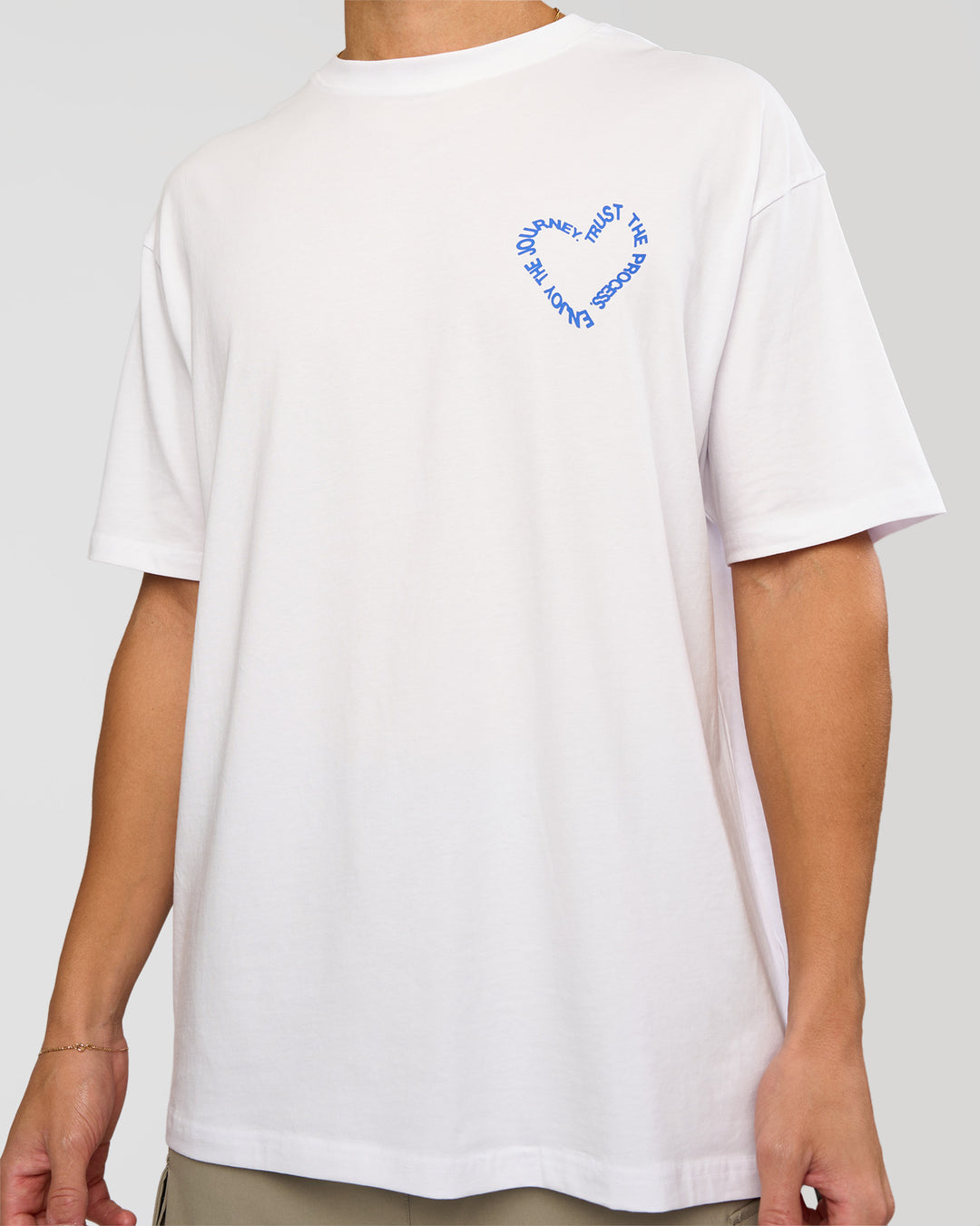 Man wearing Love The Process FLXCotton Oversize Tee - White-Electric Indigo | Model:Leandro | Size:M - view 8