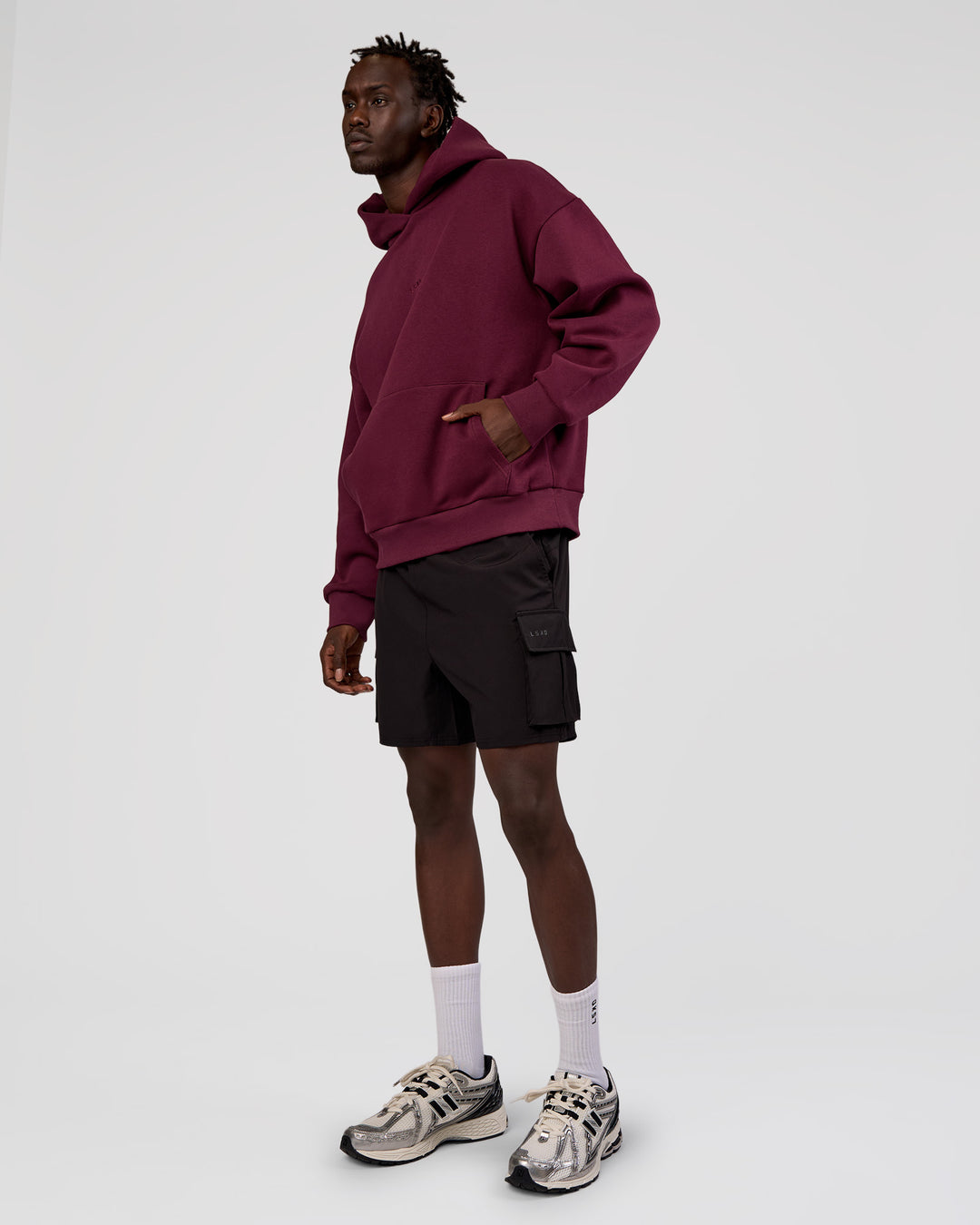 Man wearing MVP Oversized Hoodie - Cherry Lacquer | Model:Okello | Size:M - view 5