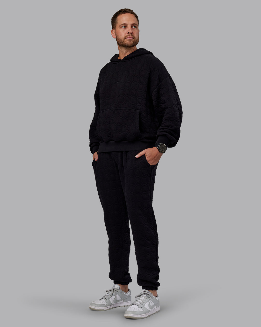 Man wearing MVP Quilted Track Pant - Black-Geometric | Model:Macca | SIze:M - view 10