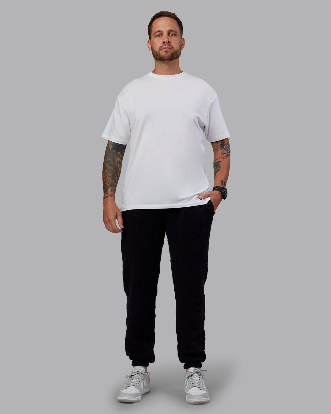 Man wearing MVP Quilted Track Pant - Black-Geometric | Model:Macca | SIze:M - view 14
