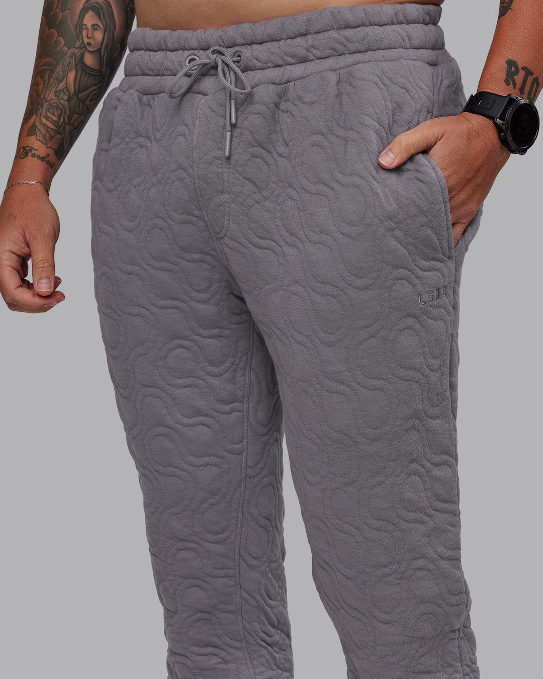 Man wearing MVP Quilted Track Pant - Storm Front-Geometric | Model:Macca | Size:M - view 6
