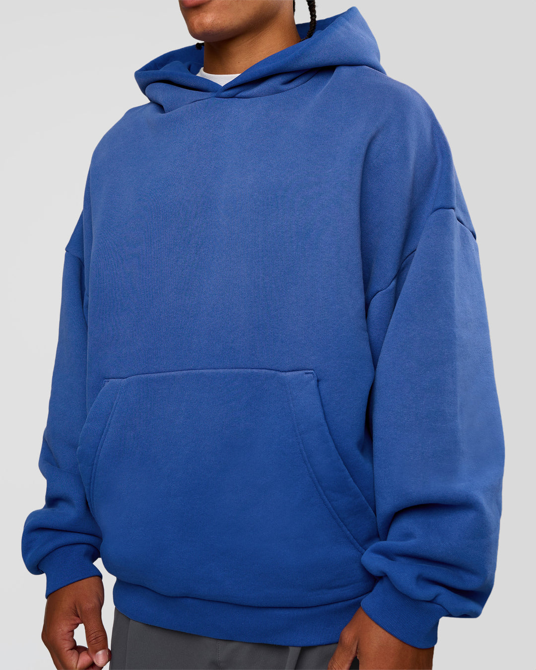 Man wearing Memory In Motion Ultra Heavyweight Washed Hoodie - Electric Indigo Washed | Model:Malebo | Size:M - view 11