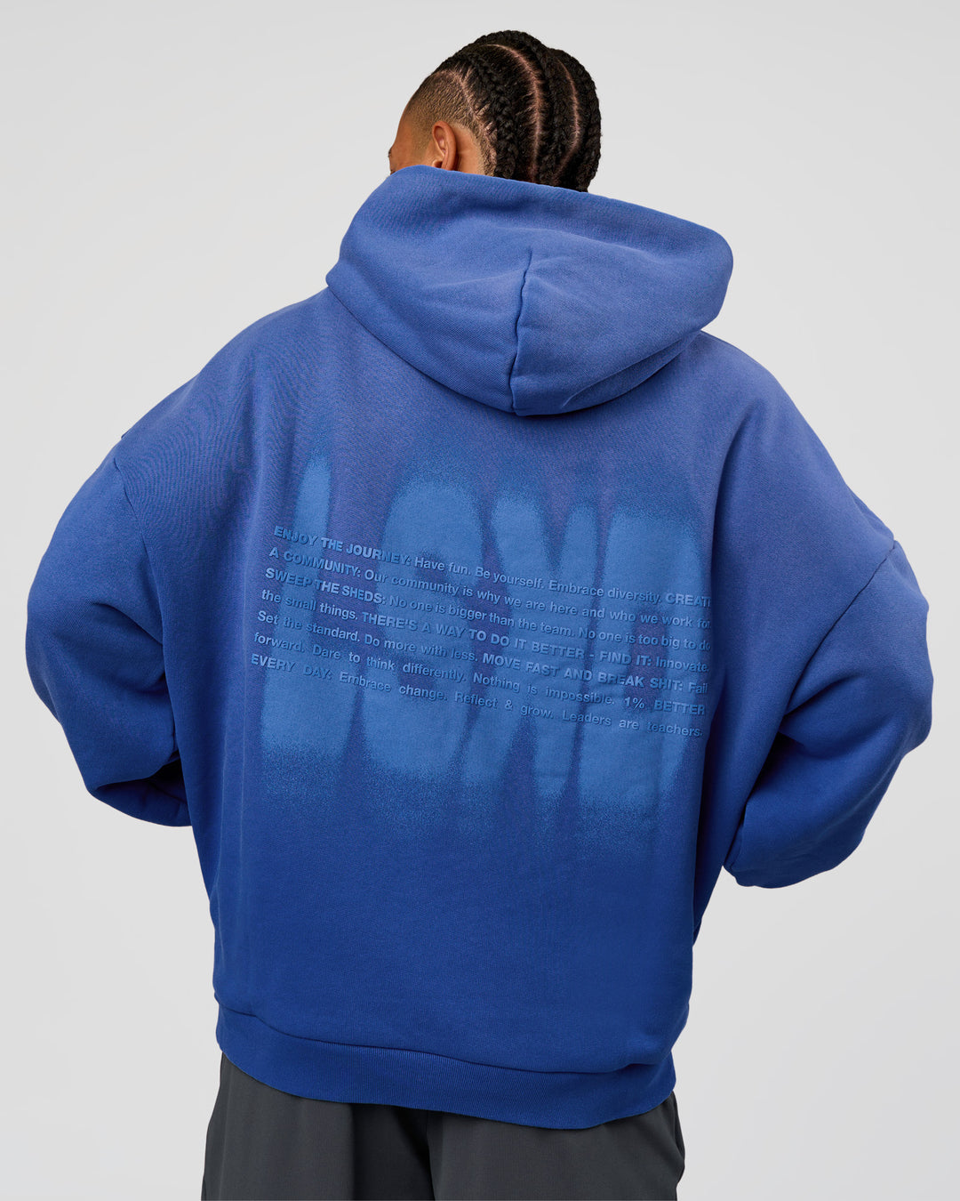 Man wearing Memory In Motion Ultra Heavyweight Washed Hoodie - Electric Indigo Washed | Model:Malebo | Size:M - view 3