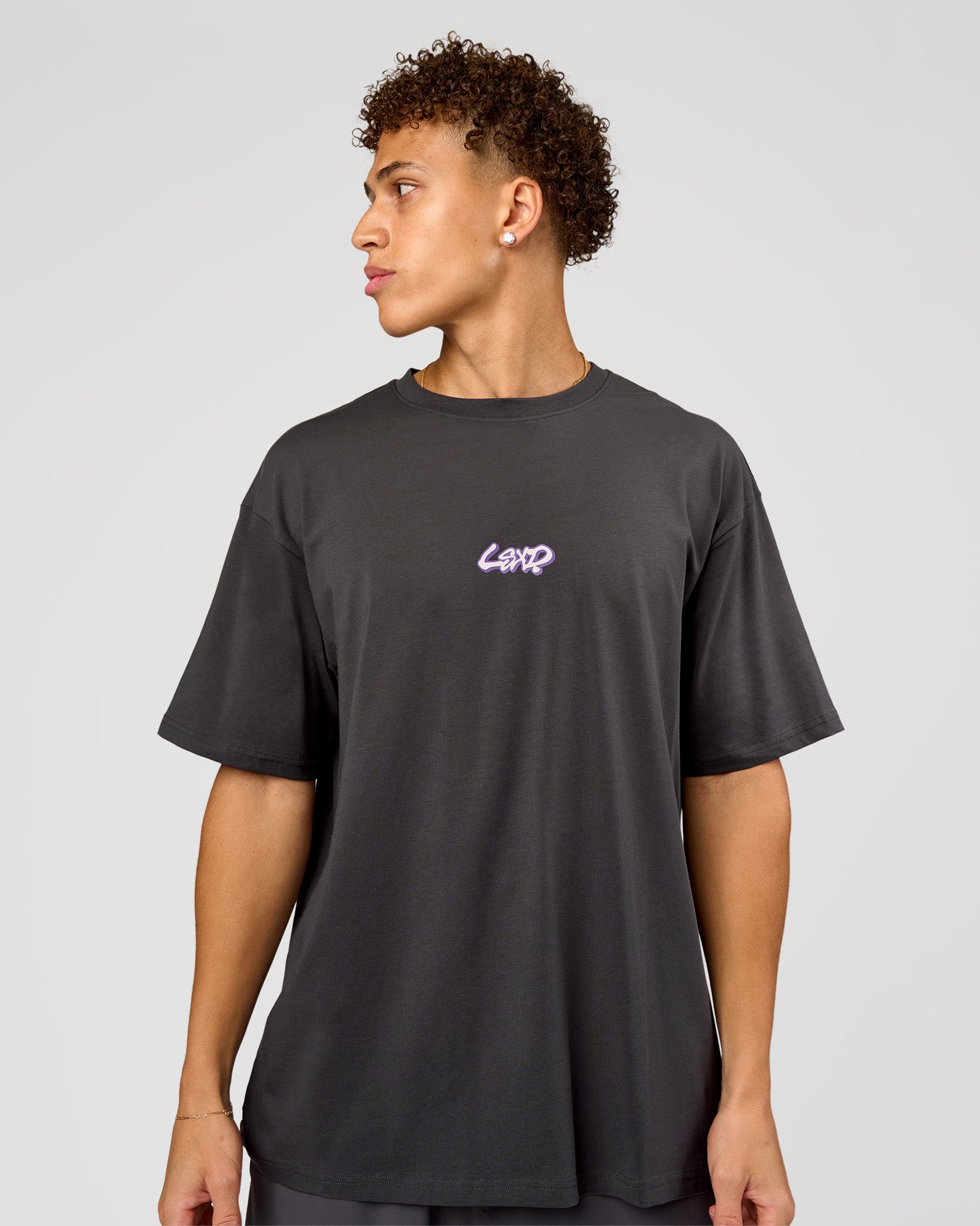 Man wearing Miami Snatch FLXCotton Oversized Tee - Dark Storm-Marshmallow | Model:Leandro | Size:M