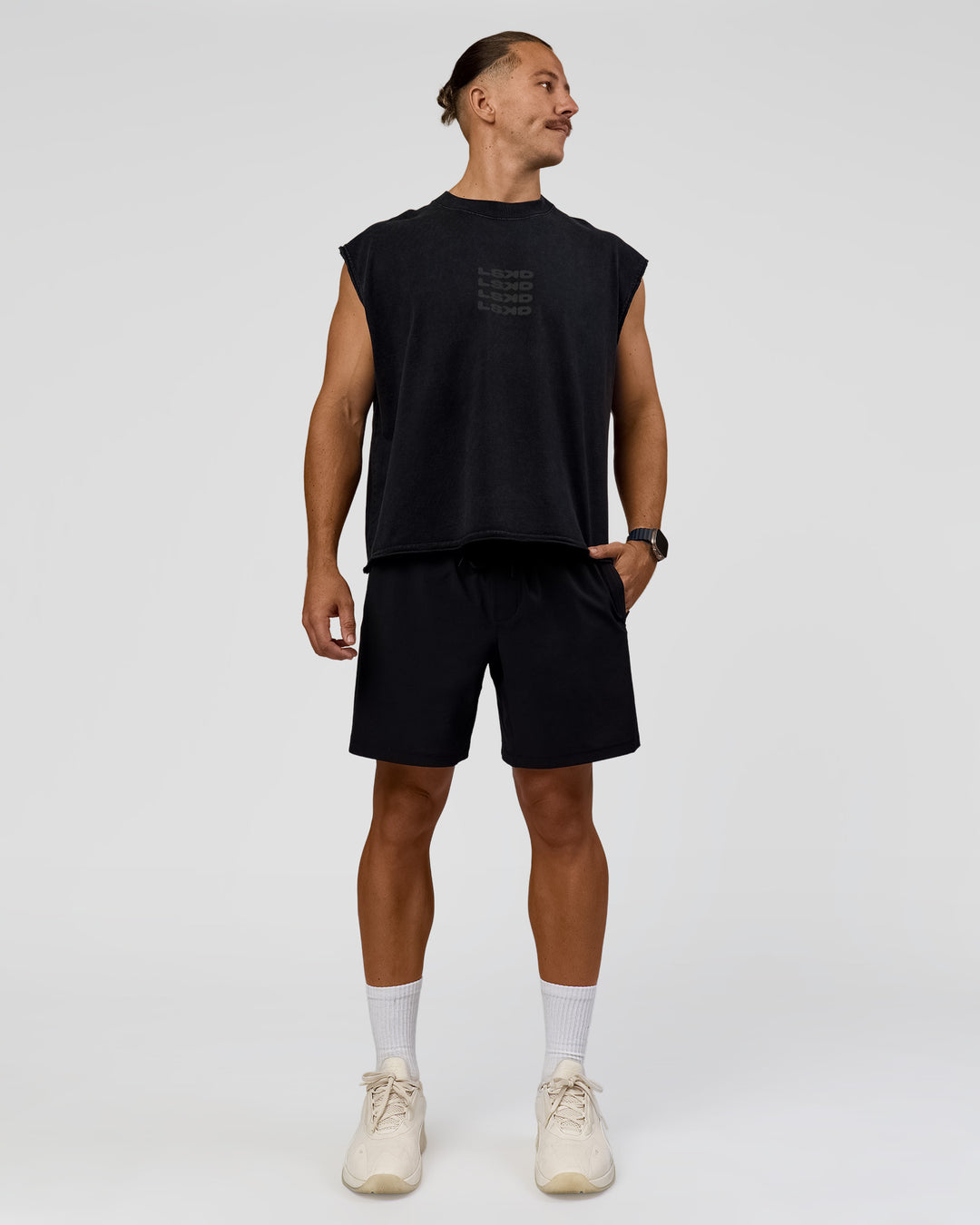 Man wearing Move Fast Heavyweight Boxed Tank - Black Washed | Model:Jaiden | Size:M - view 3