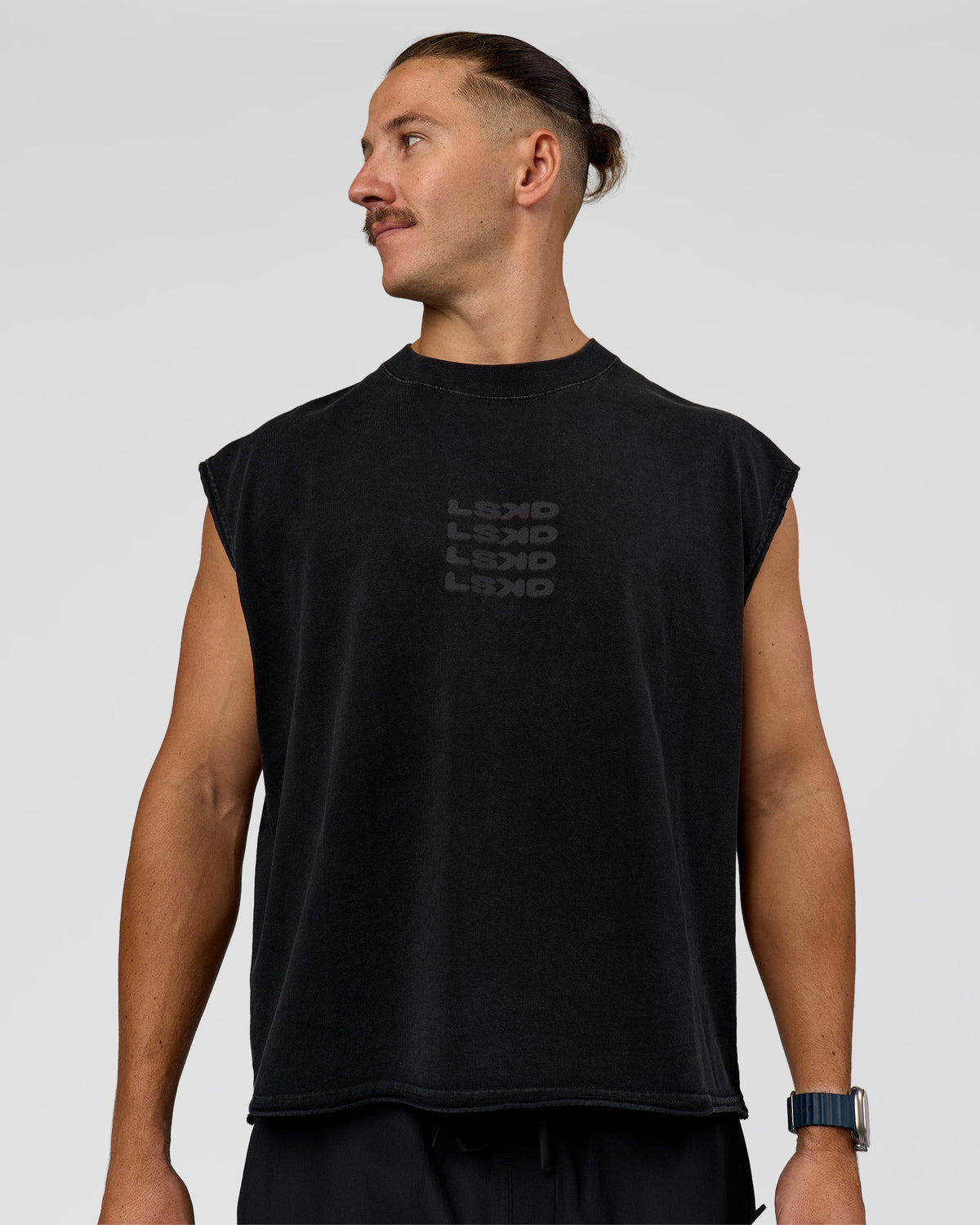 Man wearing Move Fast Heavyweight Boxed Tank - Black Washed | Model:Jaiden | Size:M