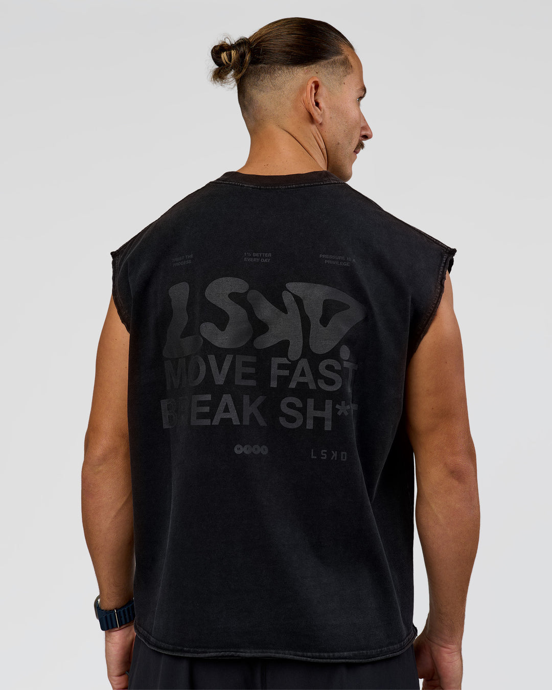 Man wearing Move Fast Heavyweight Boxed Tank - Black Washed | Model:Jaiden | Size:M - view 4