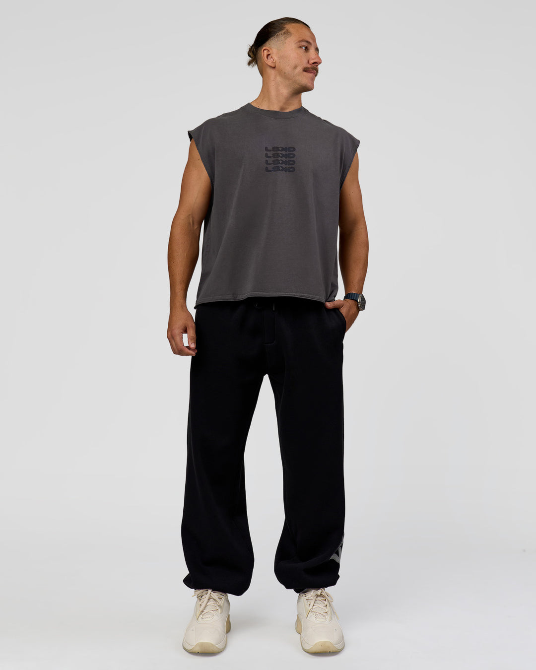 Man wearing Move Fast Heavyweight Boxed Tank - Dark Storm Washed | Model:Jaiden | Size:M - view 6