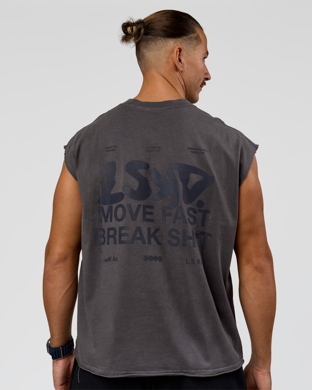 Man wearing Move Fast Heavyweight Boxed Tank - Dark Storm Washed | Model:Jaiden | Size:M - view 2