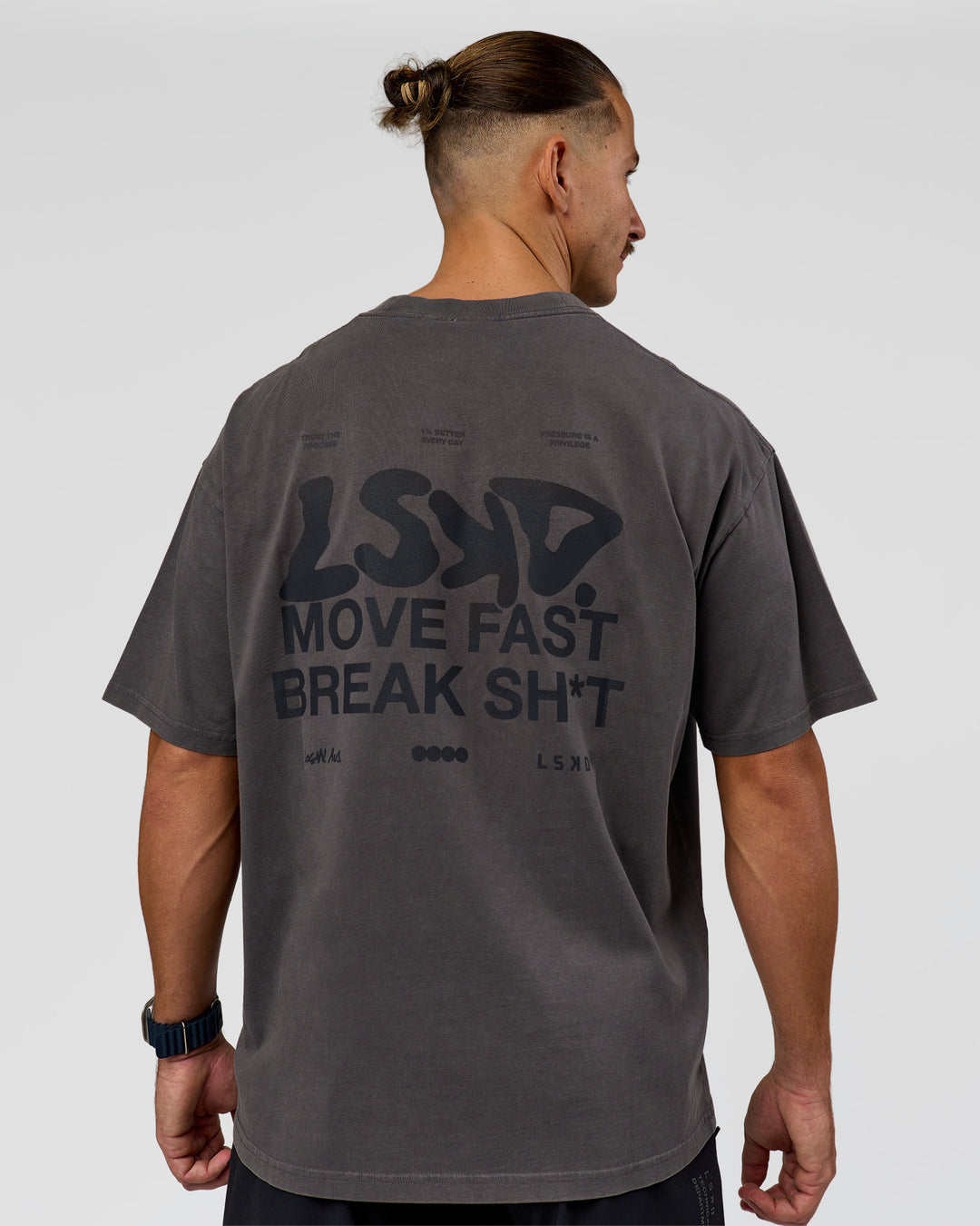 Man wearing Move Fast Heavyweight Oversized Tee - Dark Storm Washed | Model:Jaiden | Size:M - view 2