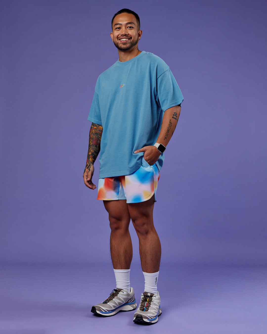 Man wearing Our Journey Heavyweight Oversized Tee - Azure Blue-Rainbow | Model:Justin | Size:M - view 5