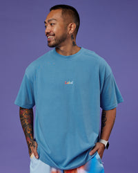 Man wearing Our Journey Heavyweight Oversized Tee - Azure Blue-Rainbow | Model:Justin | Size:M | Thumbnail Index: 7