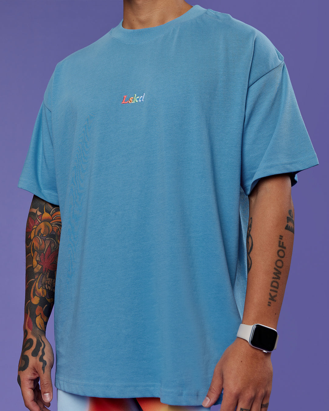Man wearing Our Journey Heavyweight Oversized Tee - Azure Blue-Rainbow | Model:Justin | Size:M - view 11