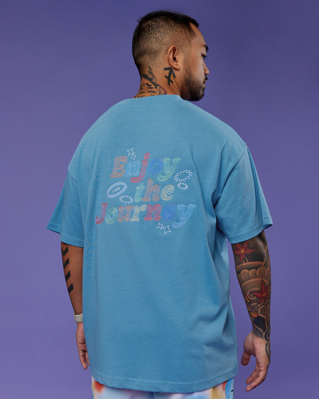 Man wearing Our Journey Heavyweight Oversized Tee - Azure Blue-Rainbow | Model:Justin | Size:M - view 12