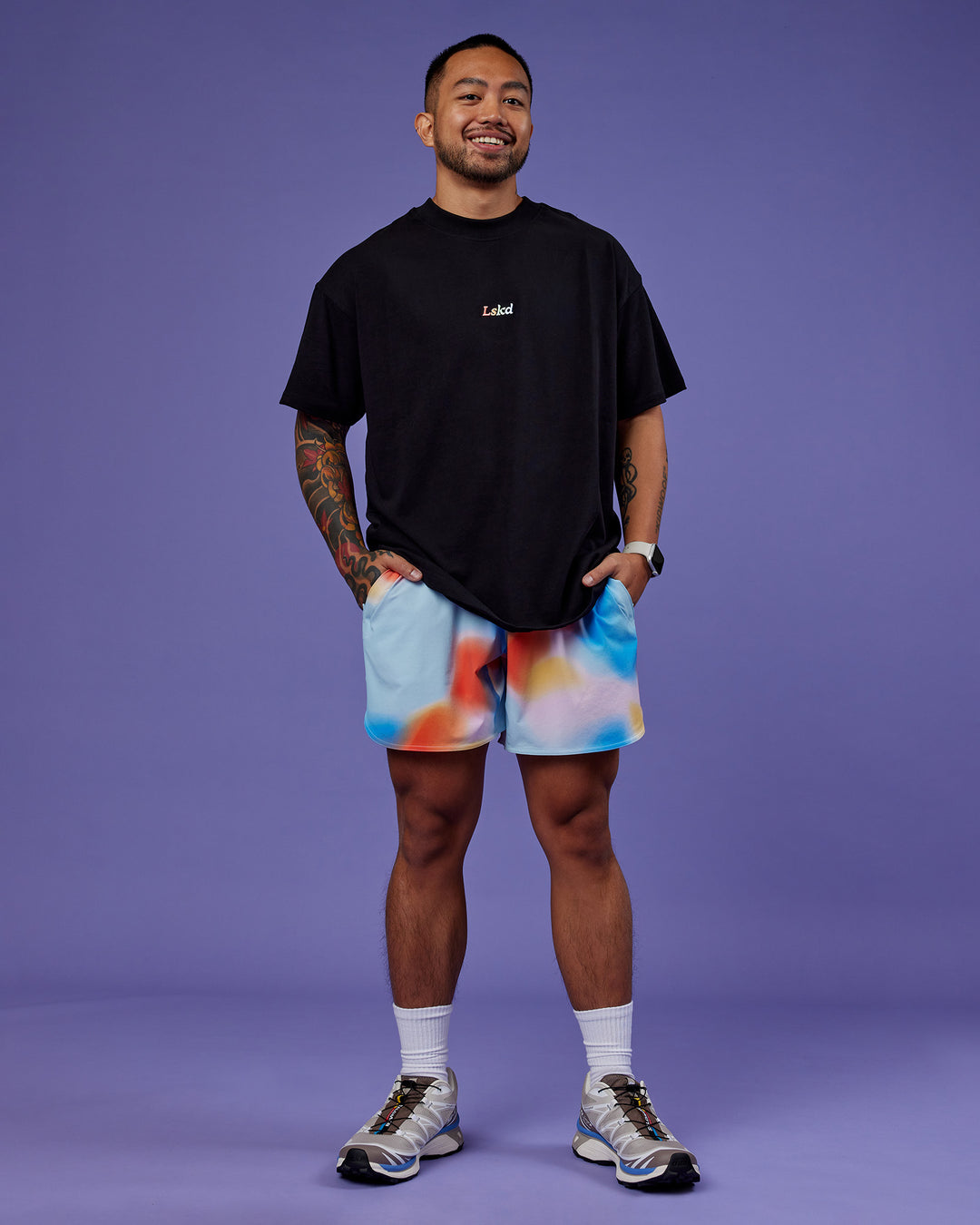 Man wearing Our Journey Heavyweight Oversized Tee - Black-Rainbow | Model:Justin | Size:M - view 6