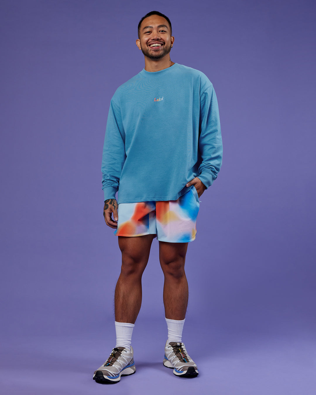 Man wearing Our Journey Oversize Heavyweight FLXCotton Long Sleeve Tee - Azure Blue | Model:Justin | Size:M - view 12