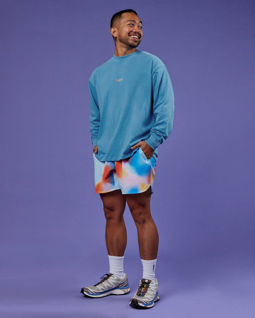Man wearing Our Journey Oversize Heavyweight FLXCotton Long Sleeve Tee - Azure Blue | Model:Justin | Size:M - view 7