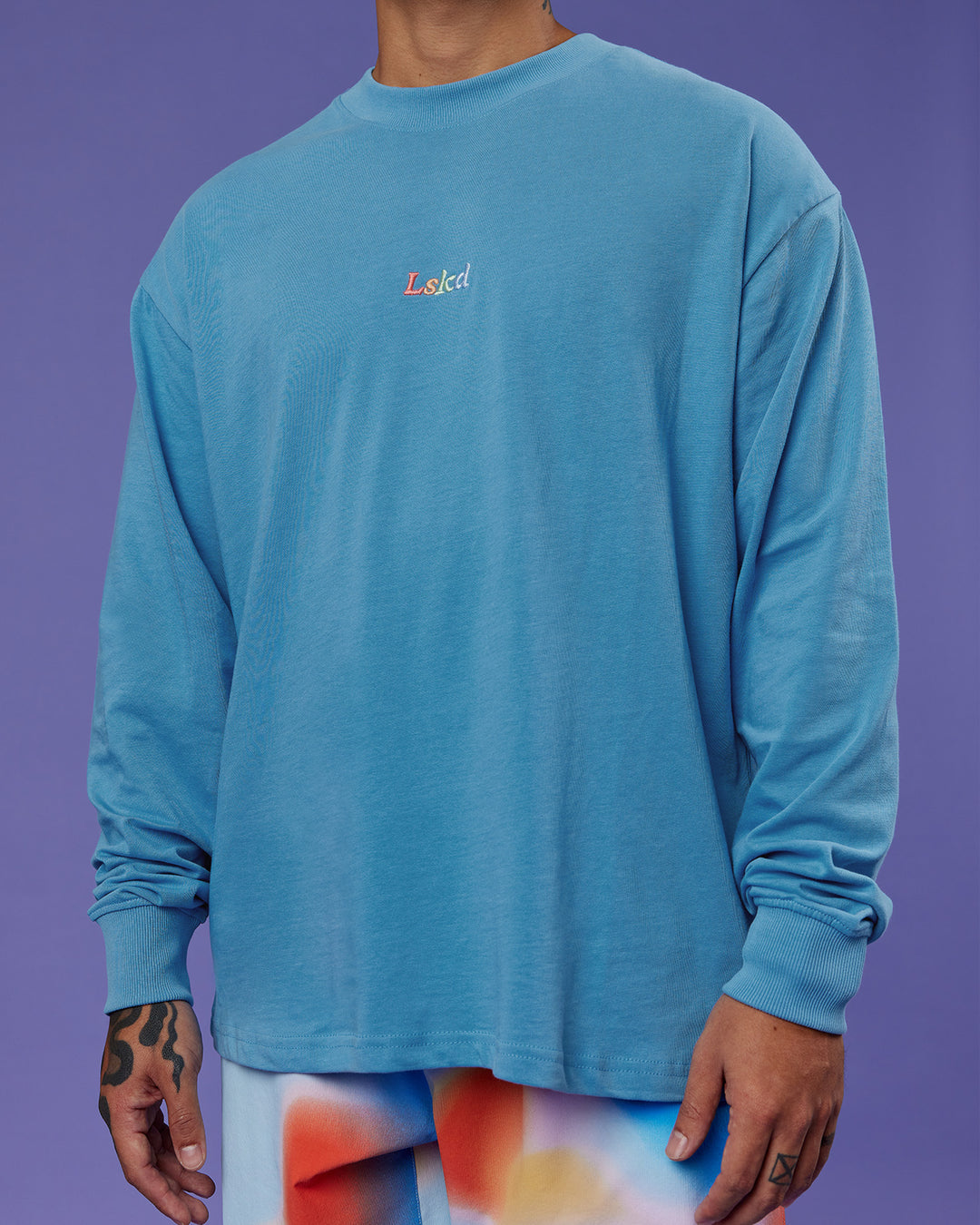 Man wearing Our Journey Oversize Heavyweight FLXCotton Long Sleeve Tee - Azure Blue | Model:Justin | Size:M - view 10