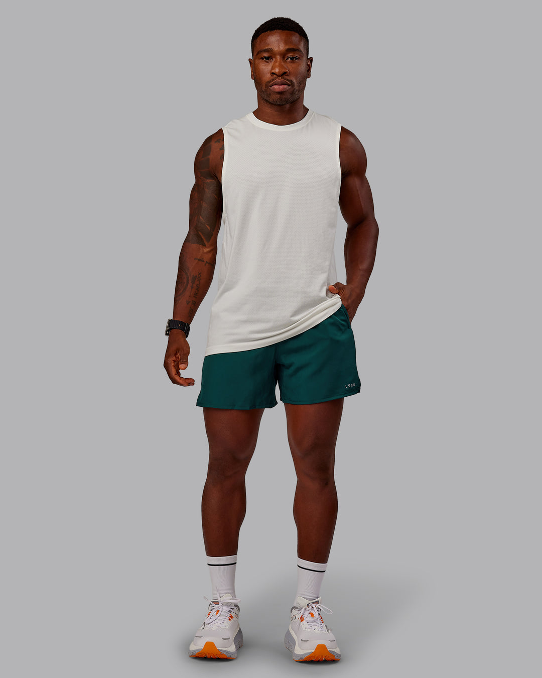 Man wearing Pace Lined Performance Short  5" in Dark Moss | Size:M - view 3
