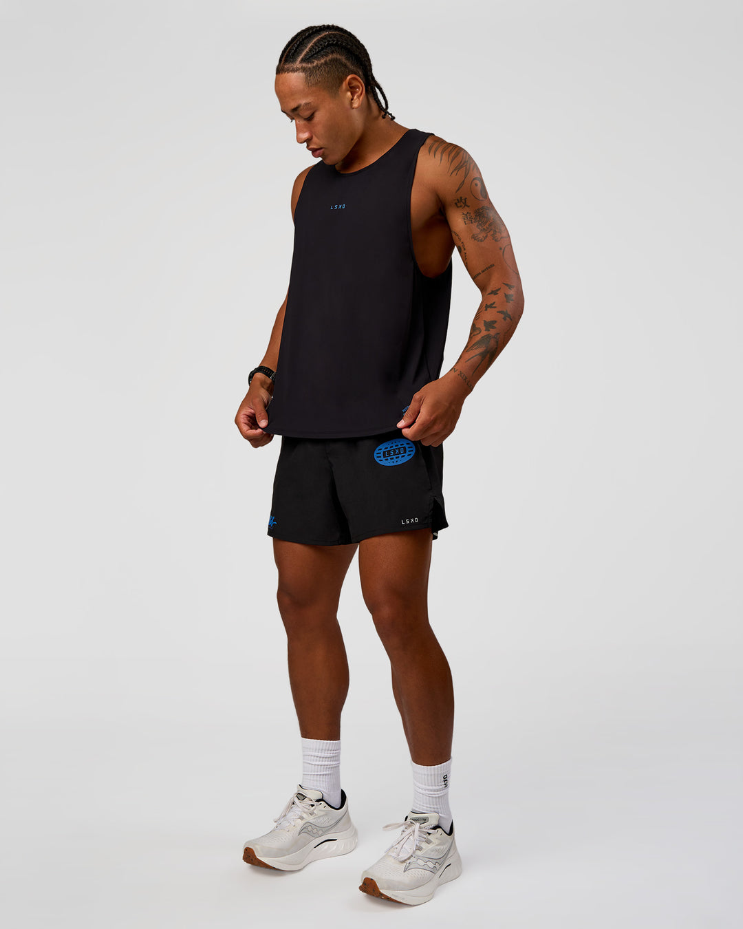 Man wearing Pace 5" Lined Running Short - Black-Palace Blue | Model:Malebo | Size:M - view 9