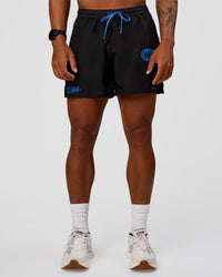 Man wearing Pace 5" Lined Running Short - Black-Palace Blue | Model:Malebo | Size:M | Thumbnail Index: 2