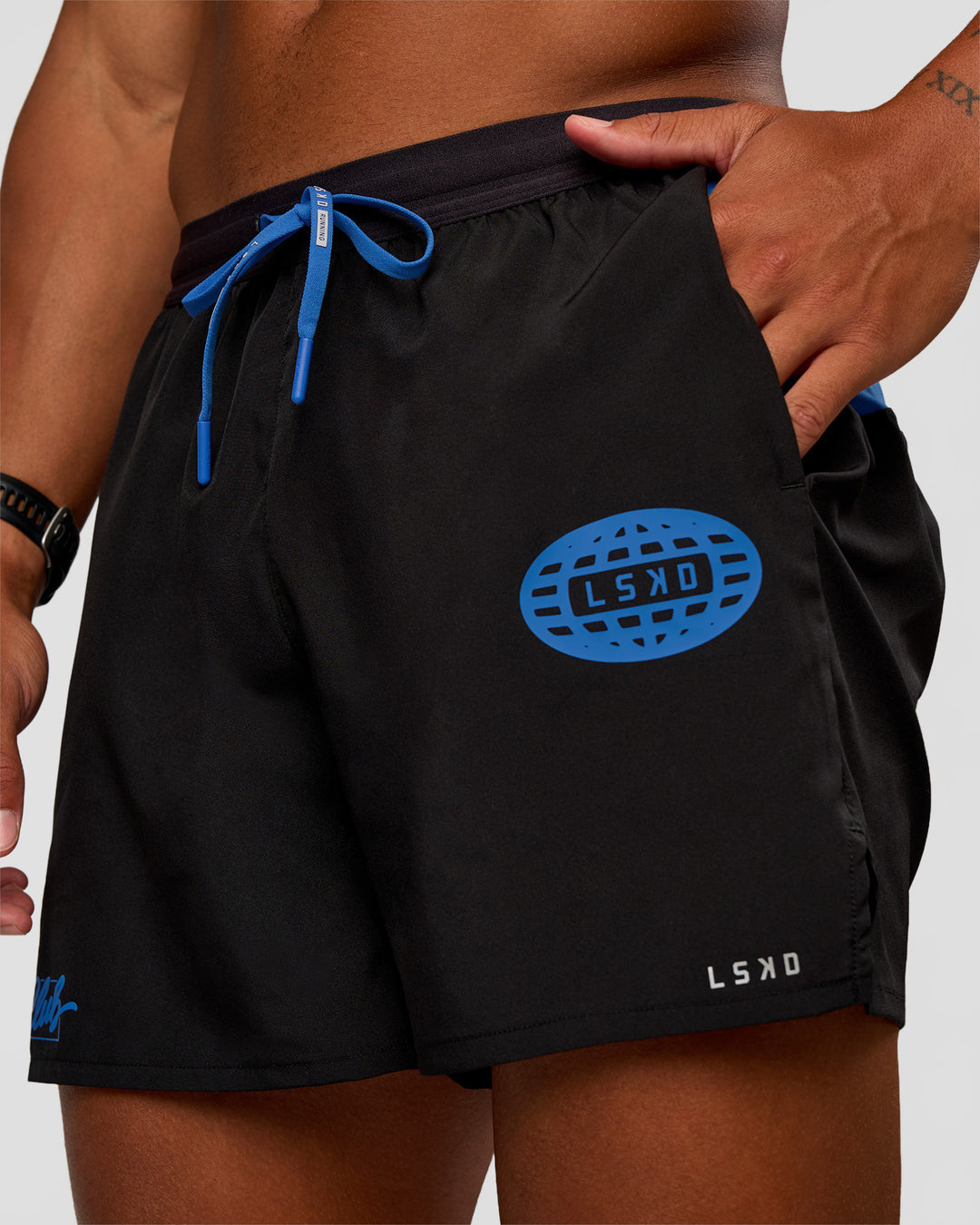 Man wearing Pace 5" Lined Running Short - Black-Palace Blue | Model:Malebo | Size:M - view 13