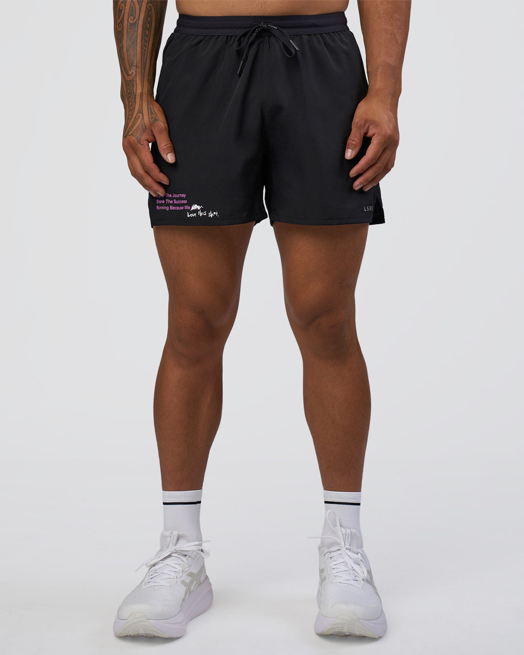 Man wearing Pace 5" Lined Running Short - Black-Ultra Fuchsia | Model:Daarian | Size:M - view 10