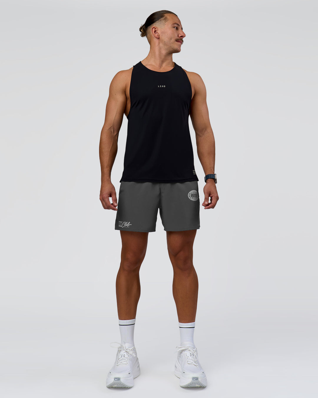 Man wearing Pace 5" Lined Running Short - Dark Storm-Alloy | Model:Jaiden | Size:M - view 8