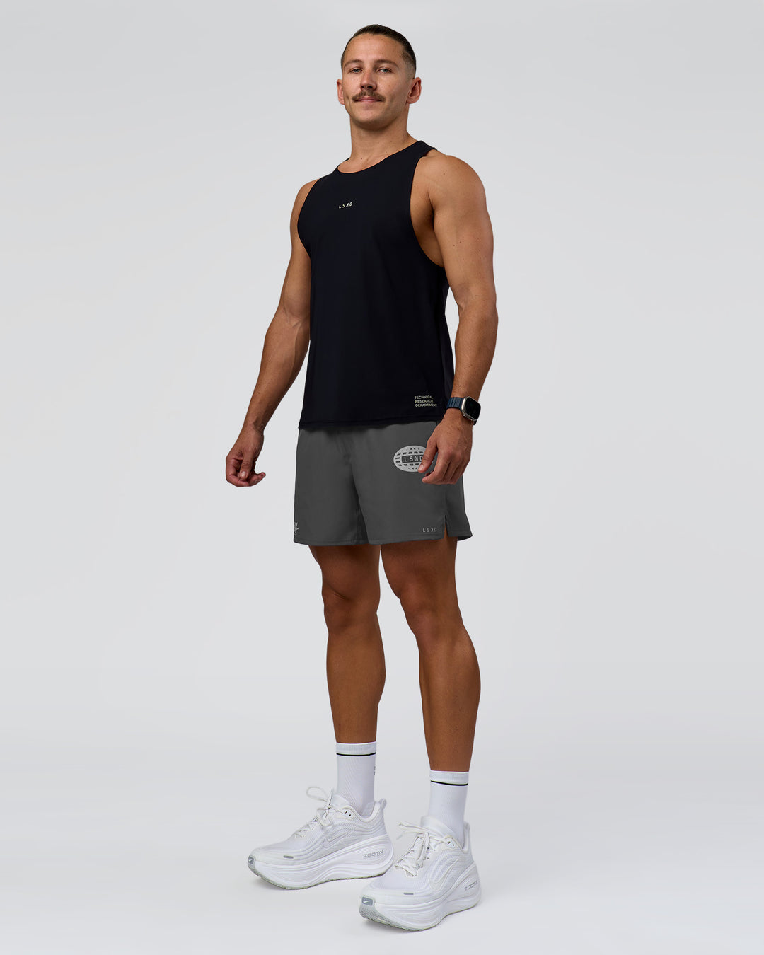 Man wearing Pace 5" Lined Running Short - Dark Storm-Alloy | Model:Jaiden | Size:M - view 10
