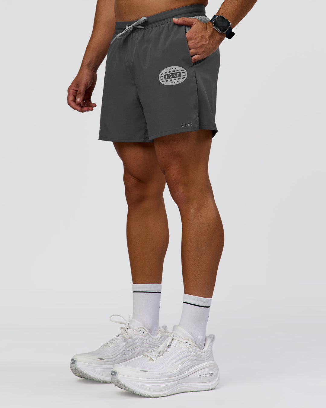 Man wearing Pace 5" Lined Running Short - Dark Storm-Alloy | Model:Jaiden | Size:M - view 1