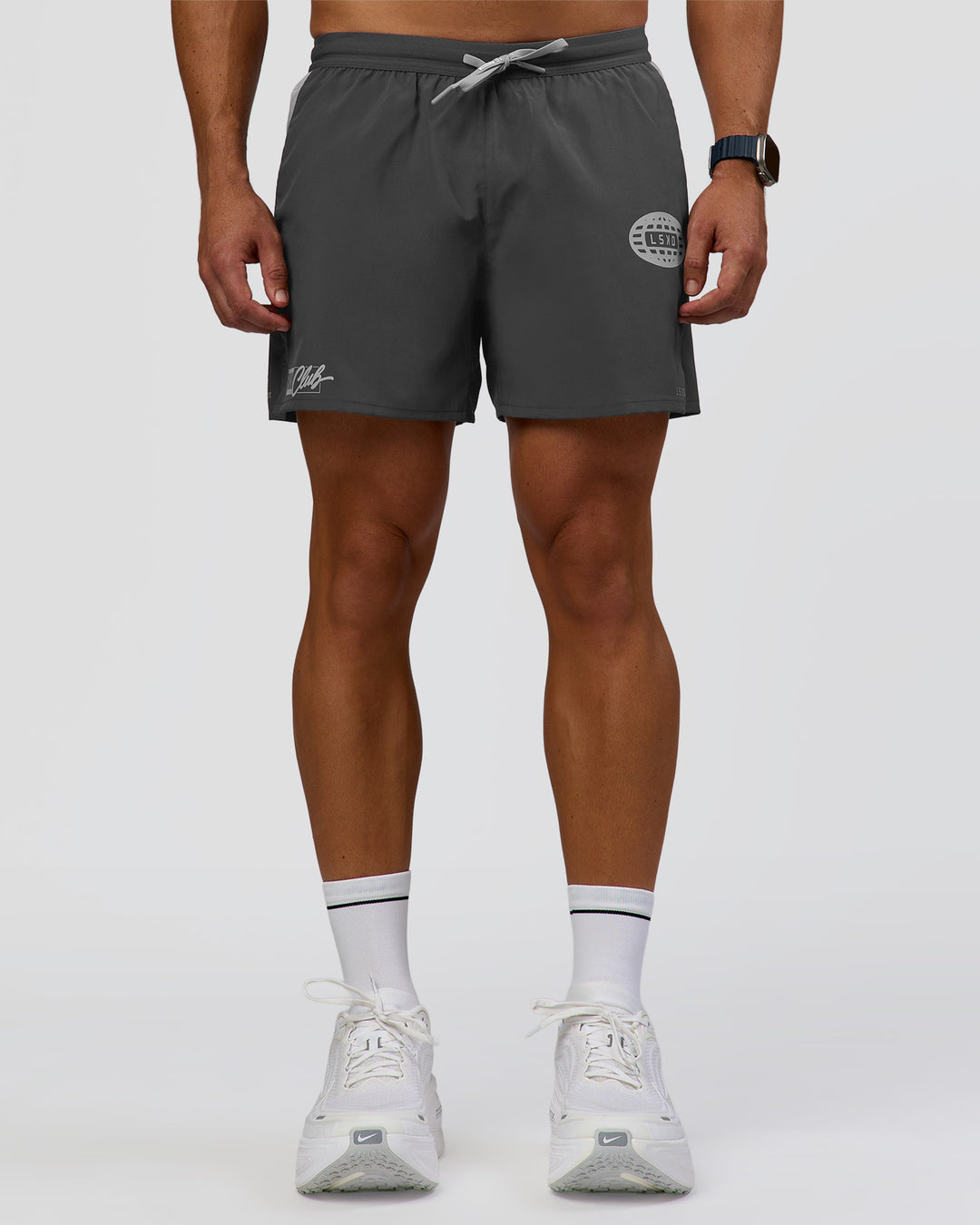 Man wearing Pace 5" Lined Running Short - Dark Storm-Alloy | Model:Jaiden | Size:M - view 5