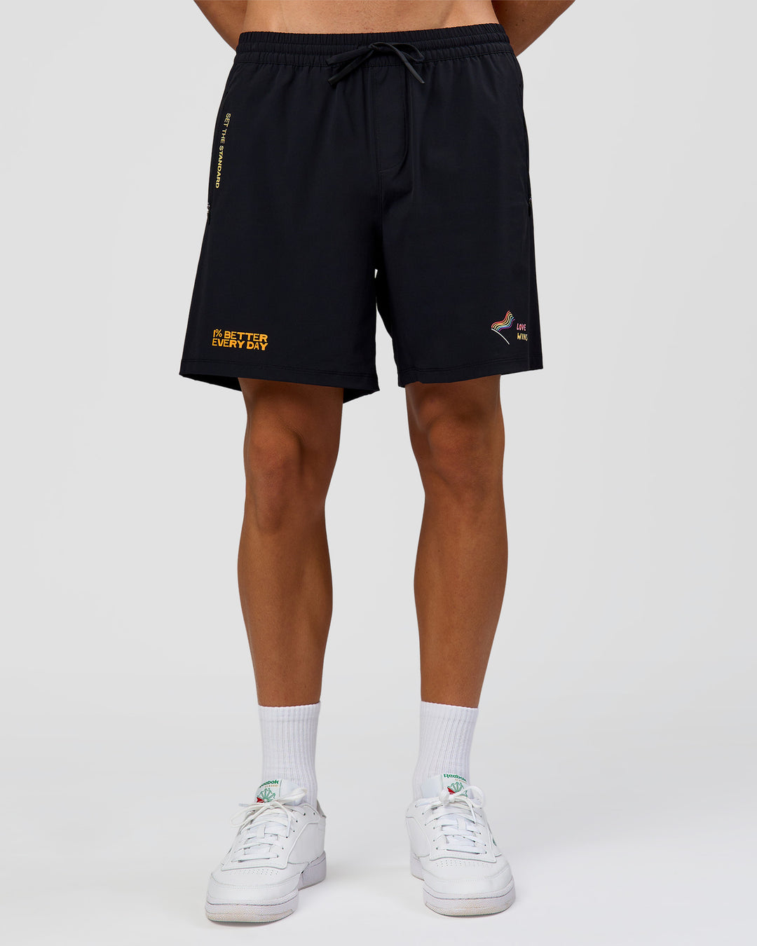 Man wearing Pride Rep 7" Training Shorts - Black - Black | Model:Albert | Size:M - view 9