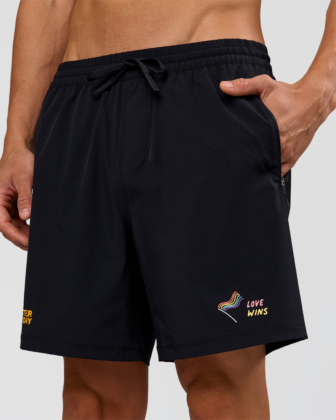 Man wearing Pride Rep 7" Training Shorts - Black - Black | Model:Albert | Size:M - view 3