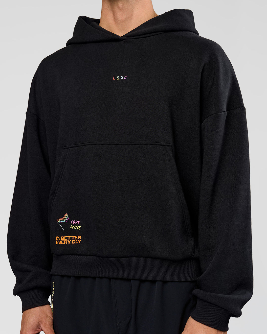 Man wearing Pride Sticker Boxy Hoodie - Black | Model:Albert | Size:M - view 7