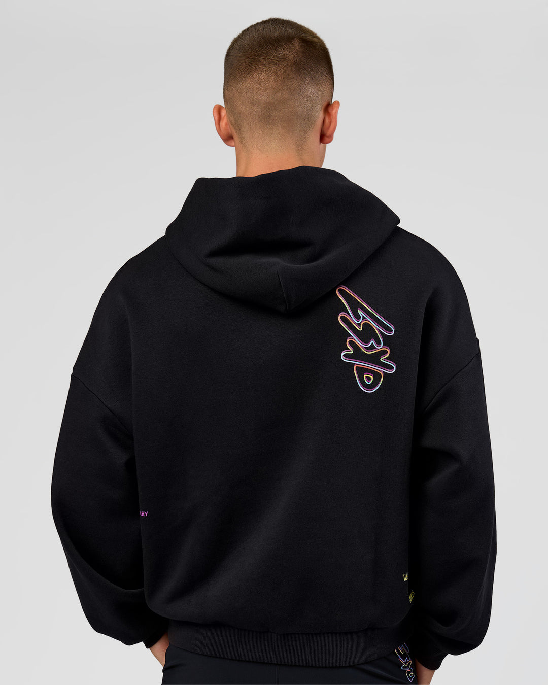 Man wearing Pride Sticker Boxy Hoodie - Black | Model:Albert | Size:M - view 19