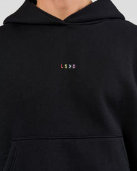 Man wearing Pride Sticker Boxy Hoodie - Black | Model:Albert | Size:M | Thumbnail Index: 11